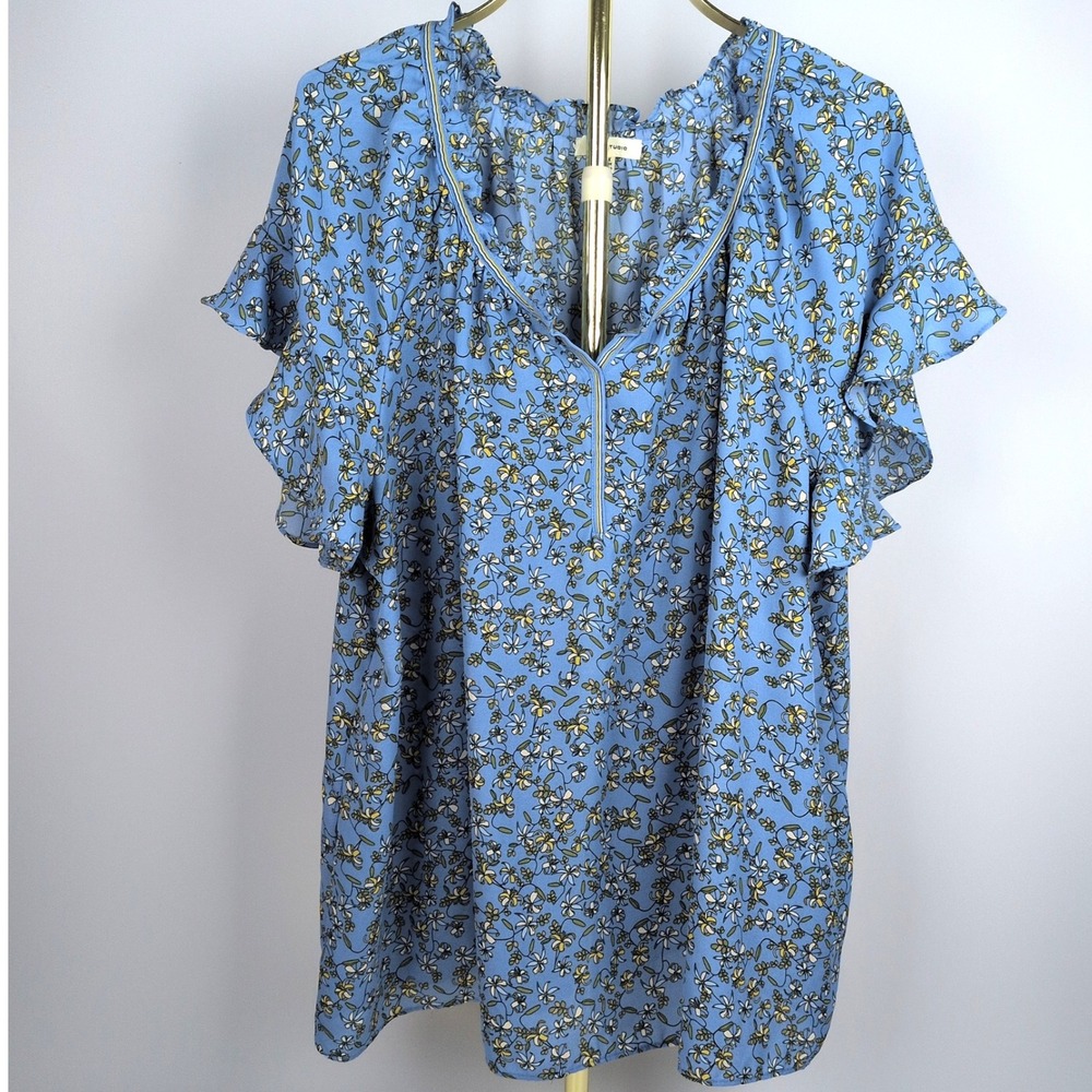 Max Studio Women 2X Blouse Dusty Blue Floral Ruffle Short Sleeve V-Neck 1W04D36